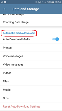 automatic media download  در تنظیم دانلود خودکار فایلها در تلگرام